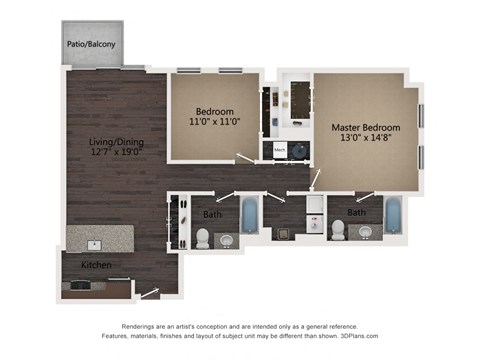 Floor plan for 2 beds, 2 baths, 1137 sqft